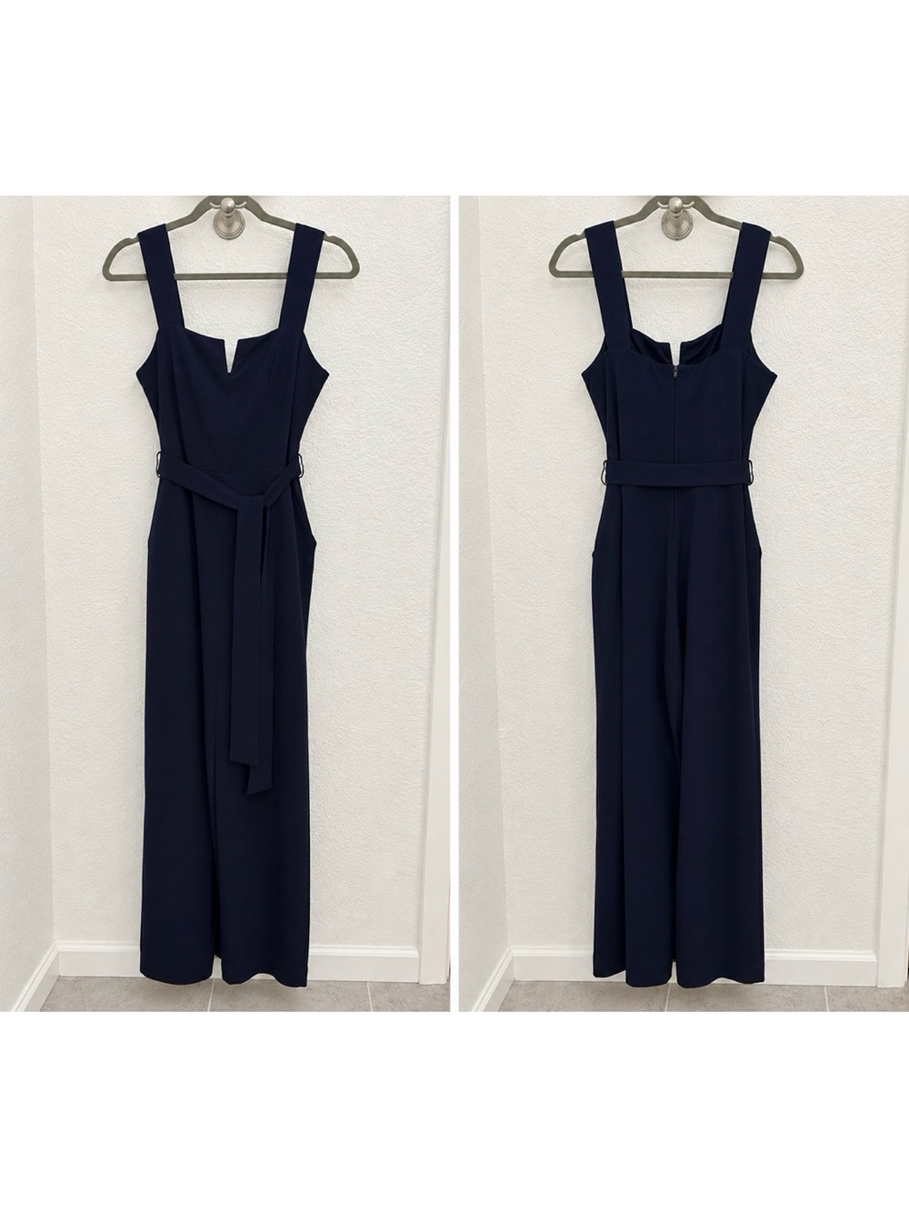 Premier Navy Square-Neck Wide-Leg Jumpsuit with Tie Waist